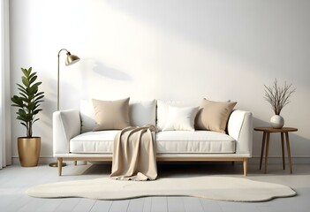 A minimalist living room with a white sofa, beige throw blankets, and a white wall with a single lamp
