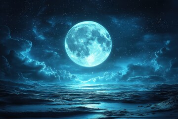 Full blue moon over tranquil ocean at night.