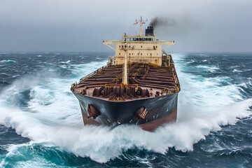 Powerful cargo ship navigating stormy seas, massive waves crashing against the hull, dramatic ocean scene.