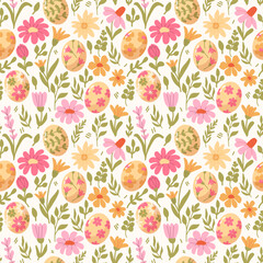 Happy Easter seamless pattern with spring flowers and eggs