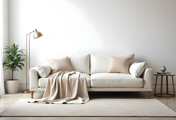 A minimalist living room with a white sofa, beige throw blankets, and a white wall with a single lamp