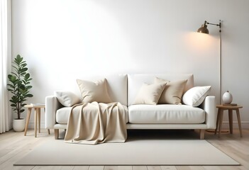 A minimalist living room with a white sofa, beige throw blankets, and a white wall with a single lamp