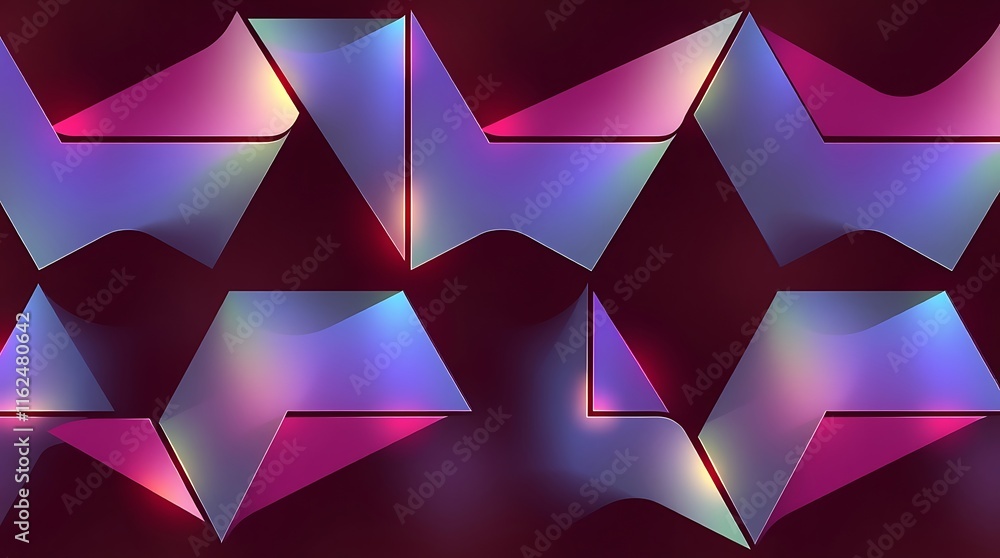 Poster Abstract Geometric Pattern:  Shimmering, iridescent purple and pink 3D shapes create a mesmerizing, seamless pattern. Perfect for modern and tech backgrounds. 