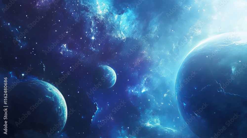 Poster vibrant abstract planets orbiting in a dynamic space background featuring twinkling stars, distant g