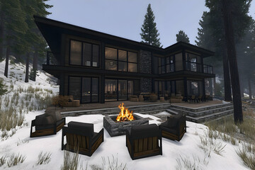 Modern luxury mountain cabin with fire pit, snowy landscape. Perfect for winter getaways and cozy retreats.