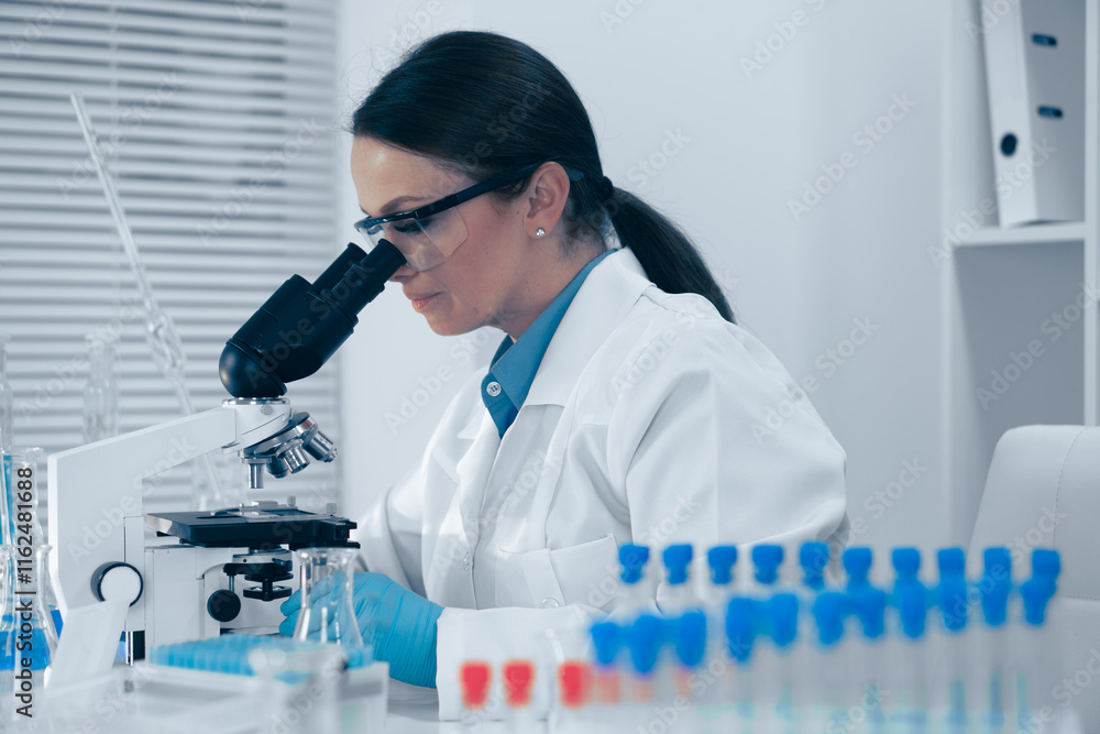 Poster in a hightech lab, a dedicated scientist examines samples with a powerful microscope, significantly 