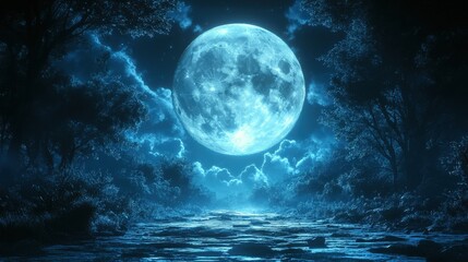 Fototapeta premium Full blue moon over a tranquil forest path at night.