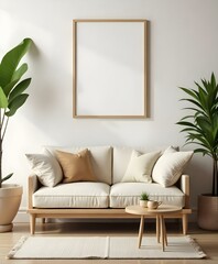 A minimalist living room with a beige sofa, wooden frame, and potted plants in the background