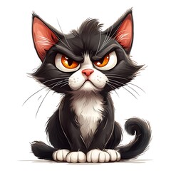Obraz premium Grumpy Cartoon Cat with Intense Orange Eyes Sitting Isolated on White Background.