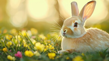 Fototapeta premium A Serene Rabbit Resting on a Sunlit Meadow Surrounded