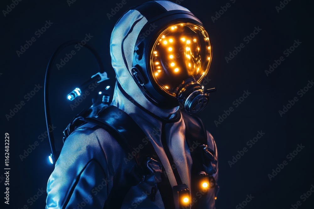 Poster futuristic astronaut with illuminated helmet exploring a cosmic environment in darkness