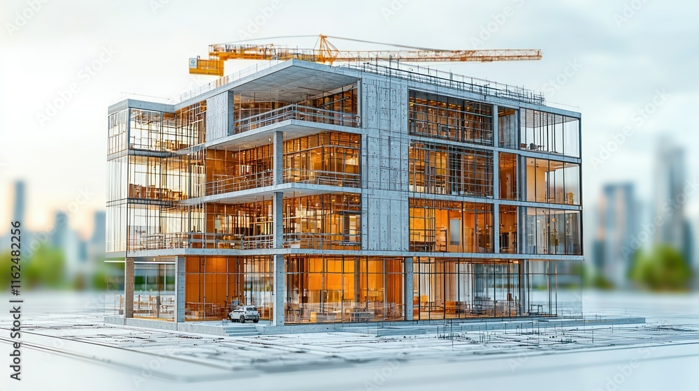 Poster modern construction site with scaffolding and crane.