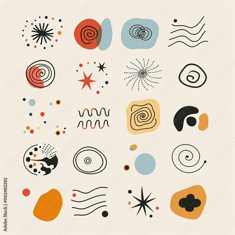 Poster collection of vector trending abstract shapes. basic primitive figures spiral, star, flower, lines, 