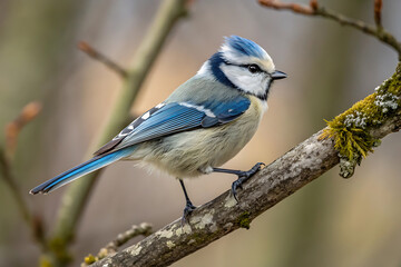 Vibrant eurasian blue tit perched on mossy branch in forest.