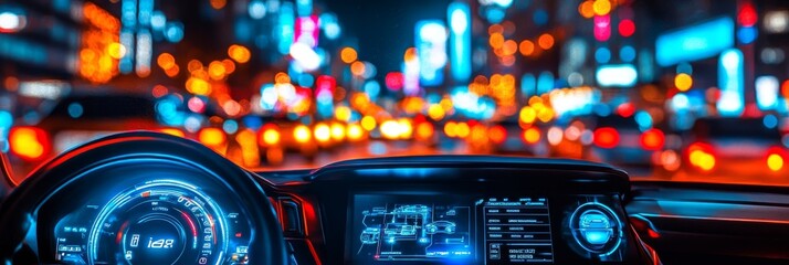 Futuristic Electric Car Interior with Advanced Technology and Blurred City Lights Background