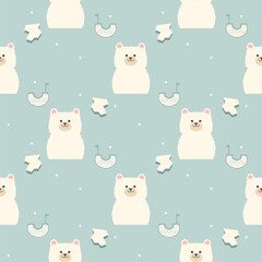 Polar bear cartoon so cute. On sailboat snow ice island green background. Pattern seamless vector illustration. 

