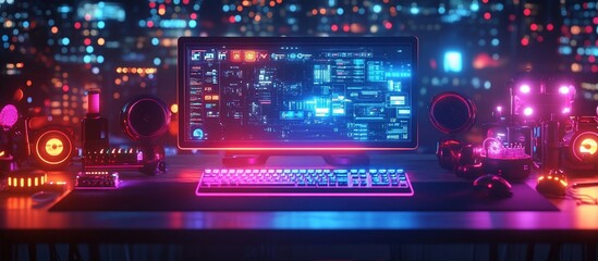 Fototapeta premium Neon Nights: Cyberpunk Gaming Setup