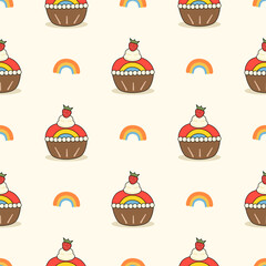 Cupcake rainbow cartoon so cute. On rainbow strawberry background. Pattern seamless vector illustration. 