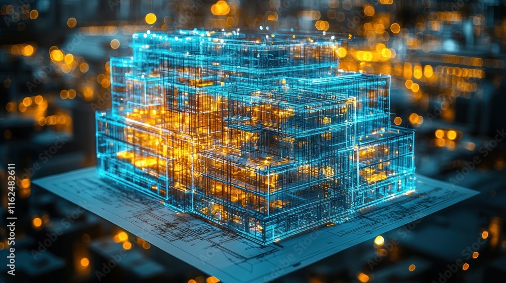 Aufkleber 3d architectural model with glowing elements over blueprints.