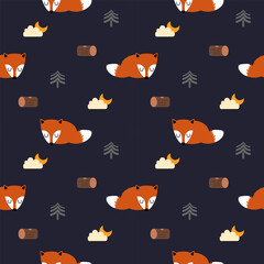 Fox sleep cartoon so cute. On timber tree cloud night background. Pattern seamless vector illustration. 