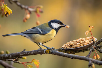 Great tit bird feeding on seeds in springtime nature scene.