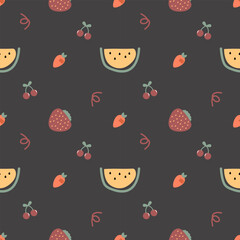 Watermelon yellow cartoon so cute. On cherry strawberry carrot black background. Pattern seamless vector illustration. 