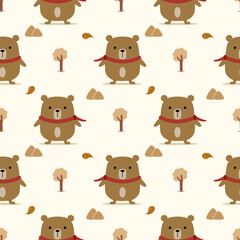 Bear brown and red scarf cartoon so cute. On tree mountain leaf background. Pattern seamless vector illustration. 