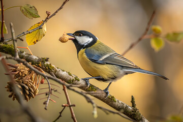 Fototapeta premium Colorful great tit bird perched on branch holding seed with autumn leaves.