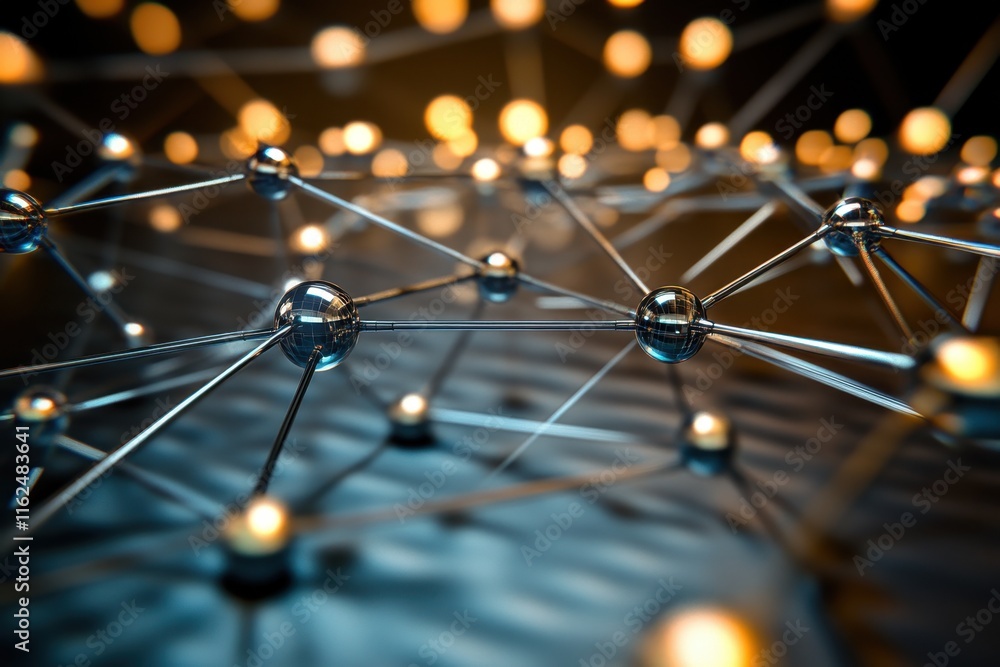 Poster network of interconnected nodes and glowing orbs representing digital connections