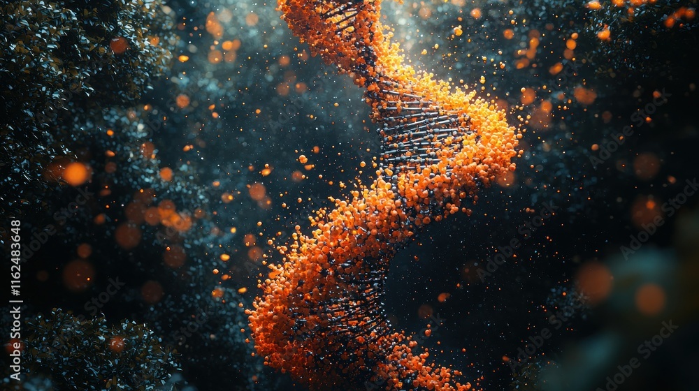Poster abstract representation of dna structure with glowing particles.
