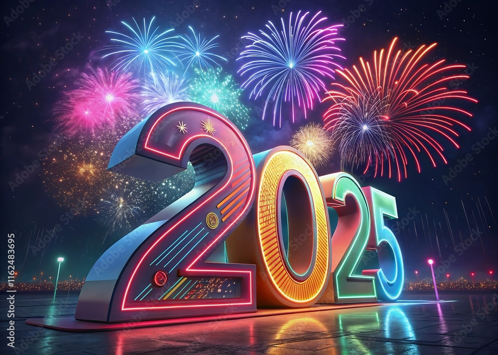 Fototapete happy new year with numbers 2025 with sparkling confetti particles scattered around and firework, ci