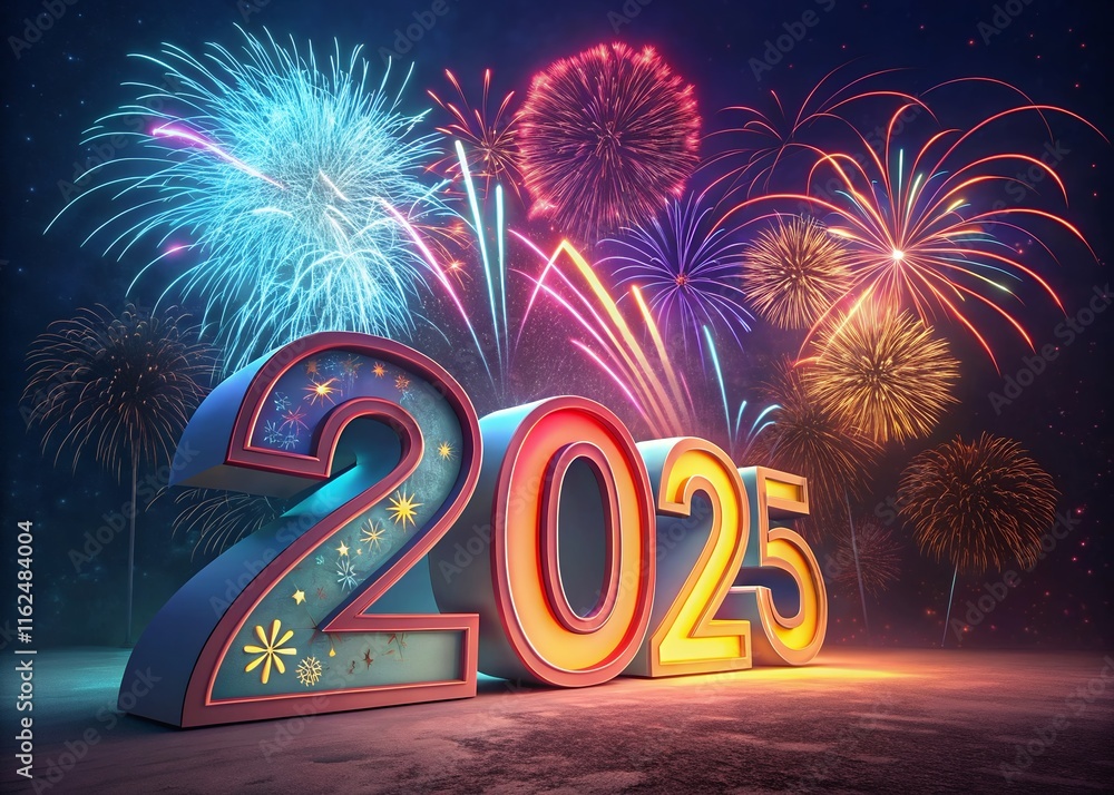 Fototapete happy new year with numbers 2025 with sparkling confetti particles scattered around and firework, ci