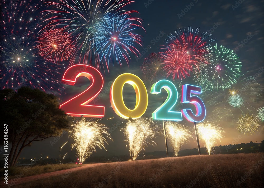 Fototapete happy new year with numbers 2025 with sparkling confetti particles scattered around and firework, ci