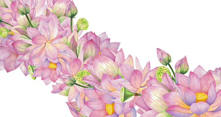 Pink lotuses, buds and flowers. Frame isolated on background. Watercolor illustration. Blank For design, decor and printing, typography and cards, invitations