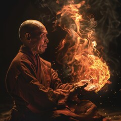 Manos de Monje con cuenco tibetano y fuego practicando budismo. Monje budista practicando una oración.
