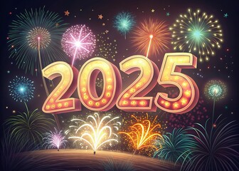 Happy New year with numbers 2025 with sparkling confetti particles scattered around and firework, City background