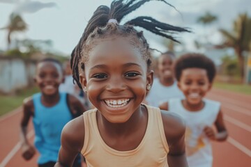 Happy Children Running on Track Smiling Joyously in Outdoor Sports Activity