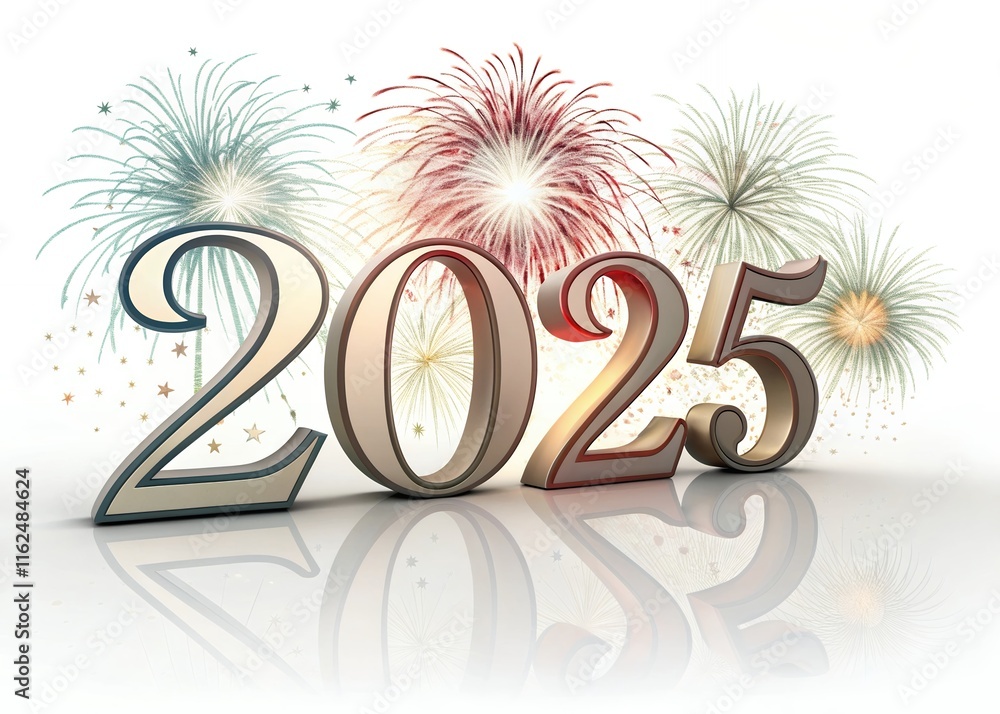 Fototapete happy new year with numbers 2025 with sparkling confetti particles scattered around and firework, ci
