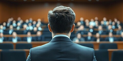 Confident businessman in navy suit sitting in front of a filled lecture hall with attentive audience.