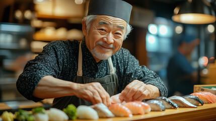 An experienced Asian sushi chef creates beautiful pieces of sushi in a vibrant restaurant setting. The warm lighting highlights the fresh ingredients and skilled artistry on display.
