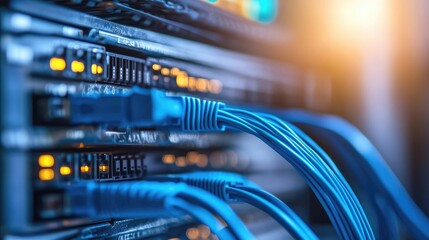 Naklejka premium Close-up of network cables connected to a server rack