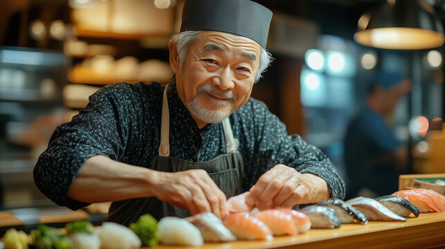 An experienced Asian sushi chef creates beautiful pieces of sushi in a vibrant restaurant setting. The warm lighting highlights the fresh ingredients and skilled artistry on display. - Powered by Adobe