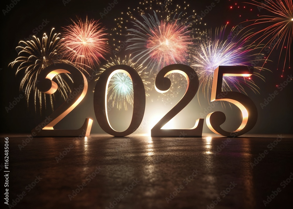 Fototapete Happy New year with numbers 2025 with sparkling confetti particles scattered around and firework, City background