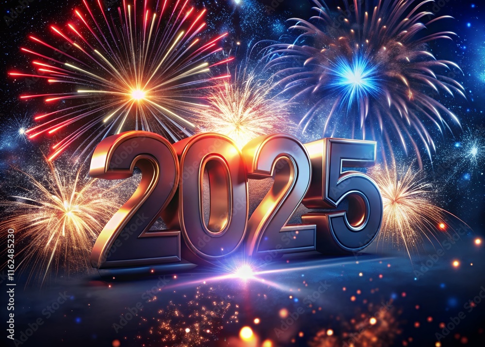 Fototapete happy new year with numbers 2025 with sparkling confetti particles scattered around and firework, ci