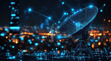 3D render of a wireframe satellite dish with blue glowing connections, set against a night city background.