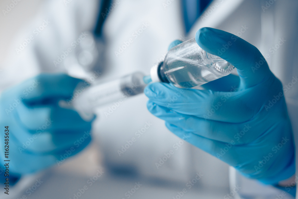 Poster a qualified health professional prepares a vaccine with a sterile syringe and vial, ensuring safe im