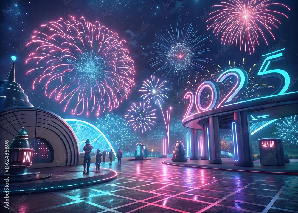 Fototapete happy new year with numbers 2025 with sparkling confetti particles scattered around and firework, ci