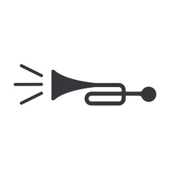 A pictogram of a trumpet, symbolizing noise, loud sound, simple and flat black, isolated glyph.