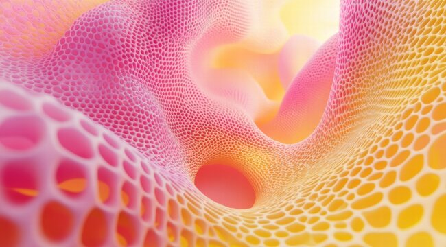 3D render of an abstract background with a hexagonal pattern in pink and yellow colors. 