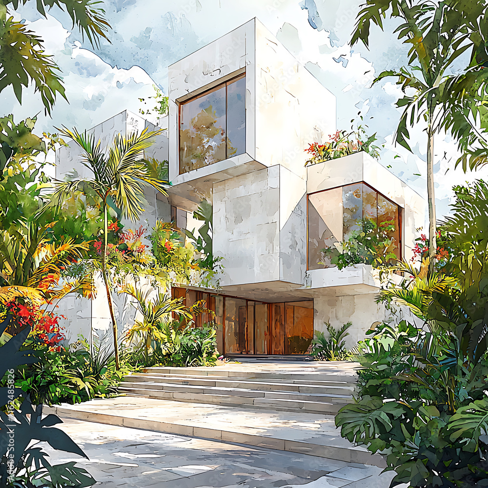 Poster elegant and modern architectural rendering of residence surrounded by lush greenery and vibrant flow